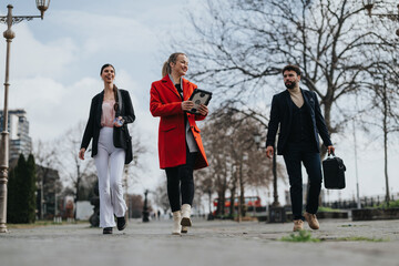 A confident businesswoman in a red coat walks with a tablet alongside colleagues in an urban...