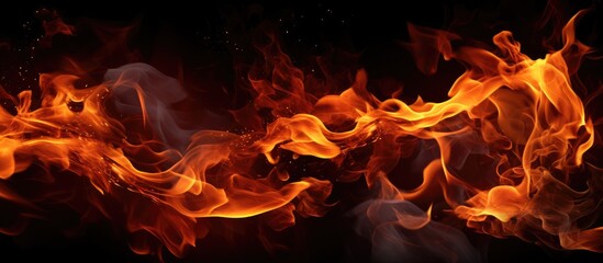 This close-up shot captures the fiery intensity of flames against a stark black background. The flames dance and flicker, showcasing their raw power and energy.