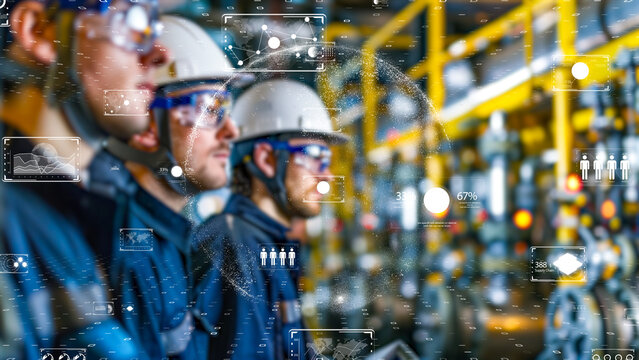 Industrial engineers inspecting a futuristic factory with digital overlays. 5G/6G and AI concept.