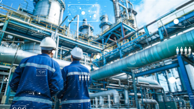 Industrial engineers inspecting a futuristic factory with digital overlays. 5G/6G and AI concept.