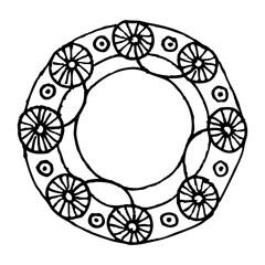 Set of hand-drawn round floral frames. Ink drawing.