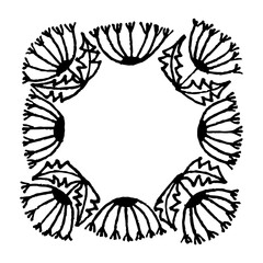 Set of hand-drawn round floral frames. Ink drawing.