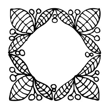 Set of hand-drawn round floral frames. Ink drawing.
