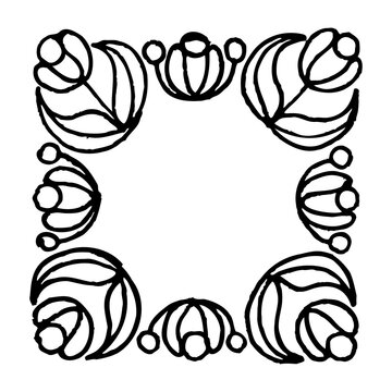 Set of hand-drawn round floral frames. Ink drawing.