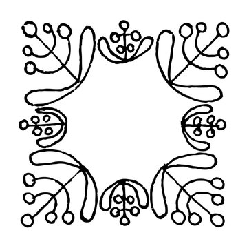 Set of hand-drawn round floral frames. Ink drawing.