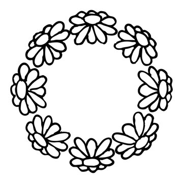 Set of hand-drawn round floral frames. Ink drawing.