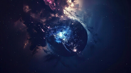 Obraz premium A cosmic scene depicting a planet amidst a vivid nebula with a burst of light suggesting a celestial event