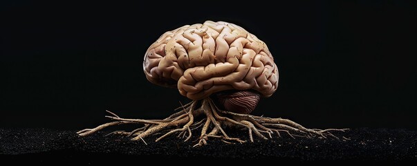 Rooted artificial human brain isolated black background