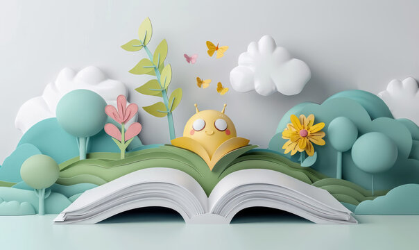 childish storybook garden fantasy scene, the bool day celebratio,