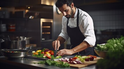 Portrait of a male chef preparing a fresh vegetable dish in a clean restaurant kitchen