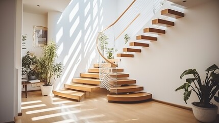 the stairs and interior of a modern house are clean and comfortable with sunlight penetrating the...