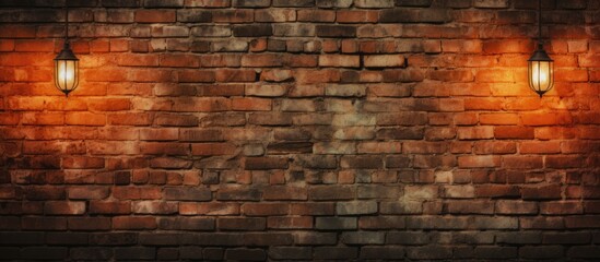 A brick wall adorned with three vintage lights, casting a warm glow against the textured surface. The lights create a striking visual contrast against the rugged backdrop. - obrazy, fototapety, plakaty
