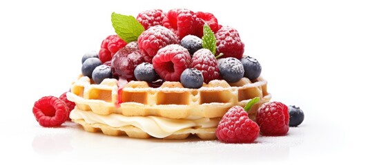 A crispy Belgian waffle adorned with vibrant raspberries and blueberries on a clean white...