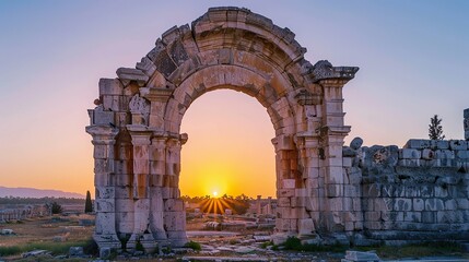Arch of ancient old brick archway at sunset