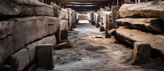 The long tunnel is lined with rocks, bricks, and wooden structures. It is filled with water, metal debris, and an abandoned automotive tire
