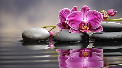 Orchids and spa stones balance in the calm clear water