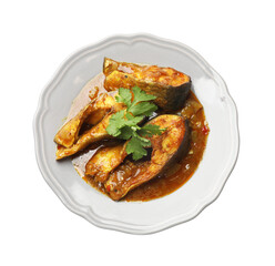 Tasty fish curry on white background, top view. Indian cuisine