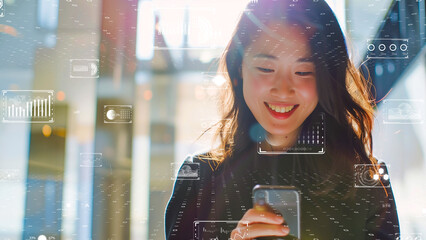 Woman in a cozy room interacting with a futuristic smart home interface. Digital and AI in Asia market concept.