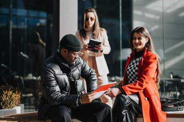 Three multiracial business colleagues in casual meeting outside office building, focusing on documents and digital work on a tablet.