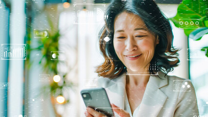 Woman in a cozy room interacting with a futuristic smart home interface. Digital and AI in Asia market concept.