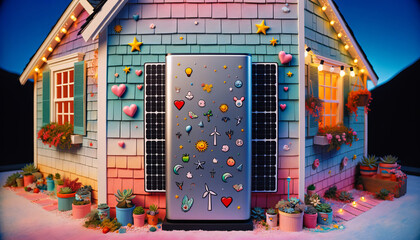 Battery on wall with cute suns and clouds shows happy energy. Playful Powerwall art in home highlights happy, eco-friendly energy.