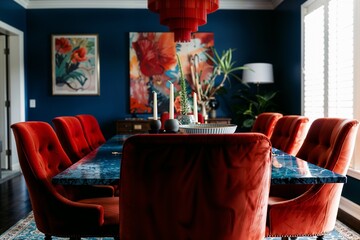 Bold Dining Space with Blue Walls and Red Chairs