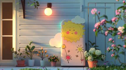 Battery on wall with cute suns and clouds shows happy energy. Playful Powerwall art in home highlights happy, eco-friendly energy.