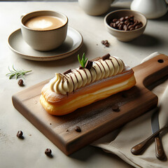 Fototapeta na wymiar Delicious French Pastries Crisp Puffy Pastry Cream Chocolate Eclair on a Cutting Board on a Beige Table with Scattered Coffee Beans. Choux Dough, Icing, Vanilla Bean, Profiterole, Silky Ganache Glaze.