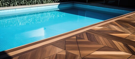 Obraz na płótnie Canvas A swimming pool with an azure crystalclear liquid next to a wooden deck, a perfect spot for leisure activities in a building made of composite materials