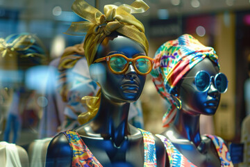 Mannequins with vibrant headscarves and sunglasses in a display. - obrazy, fototapety, plakaty