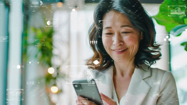 Woman in a cozy room interacting with a futuristic smart home interface. Digital and AI in Asia market concept.