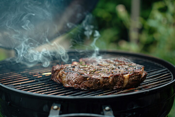 Thick Juicy Steak Grilling on a Barbecue with Smoke Rising
