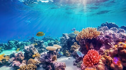 underwater view of coral reefs. ecosystem. life in tropical waters with clear sea water