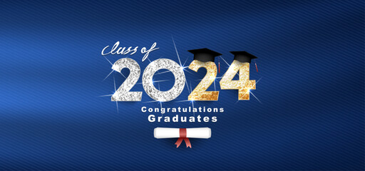 Class of 2024 Vector text for graduation gold and silver design, congratulation event, T-shirt, party, high school or college graduate. Lettering for greeting, invitation card