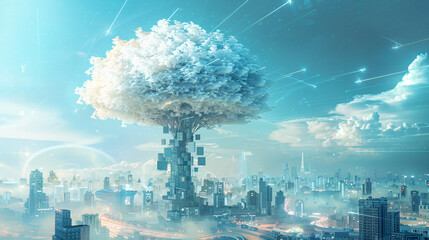 3d cloud concept model tree big data city background
