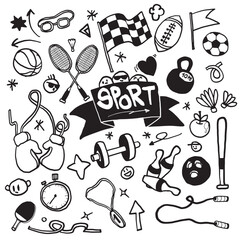 Hand Drawn Collection of Diverse Sports Equipment.