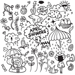 hand drawn of Hello Spring and April Showers Doodle Collectio ..