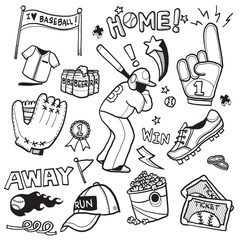 Hand Drawn Baseball Game Doodle Collection.