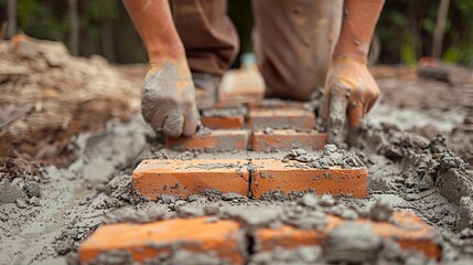 A dedicated construction worker skillfully places a brick on a layer of fresh cement. Construction worker laying bricks in the solid formation of a pavement.