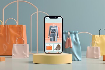 A 3D rendering of a mobile phone displaying an augmented reality shopping app