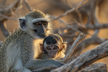 Close up of Vervet monkey Chlorocebus pygerythrus sitting grooming baby .