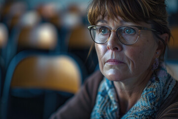 Woman with auburn color hair with highlights wearing glasses and a blue scarf sitting in an empty classroom. - obrazy, fototapety, plakaty