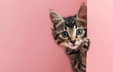 Adorable kitten peeking out from behind the pink background isolated on pink, cute cat, banner template and copy space, mockup.	
