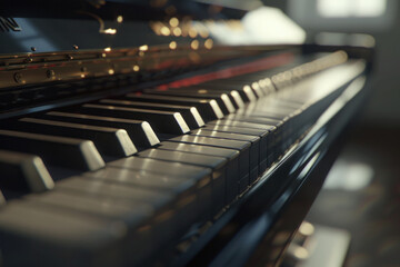 Extreme closeup of white and black color piano keys in natural light.