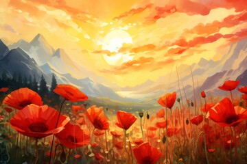 Sunset meadow and poppies watercolor painting - wall art for home decor and printable artwork