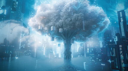 3d cloud concept model tree big data city background
