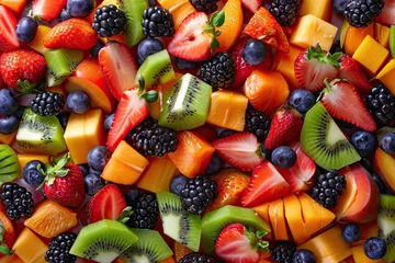 Fotobehang An overhead shot of a colorful fruit salad with a variety of tropical fruits © AI Farm