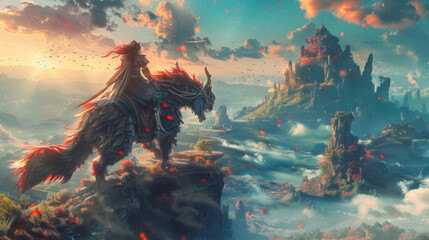 A majestic griffin stands atop a cliff in a surreal, vibrant fantasy world with floating islands and a sunset backdrop. - obrazy, fototapety, plakaty