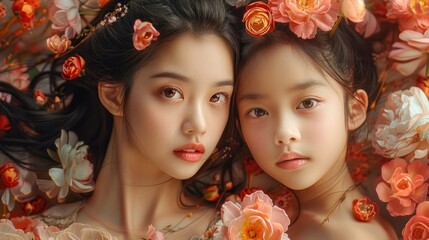 Portrait of beautiful asian woman with her daughter laying on bed and surronded by flower
