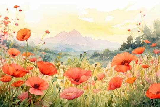 Digital watercolor painting of meadow with poppies and mountains, botanical landscape art print